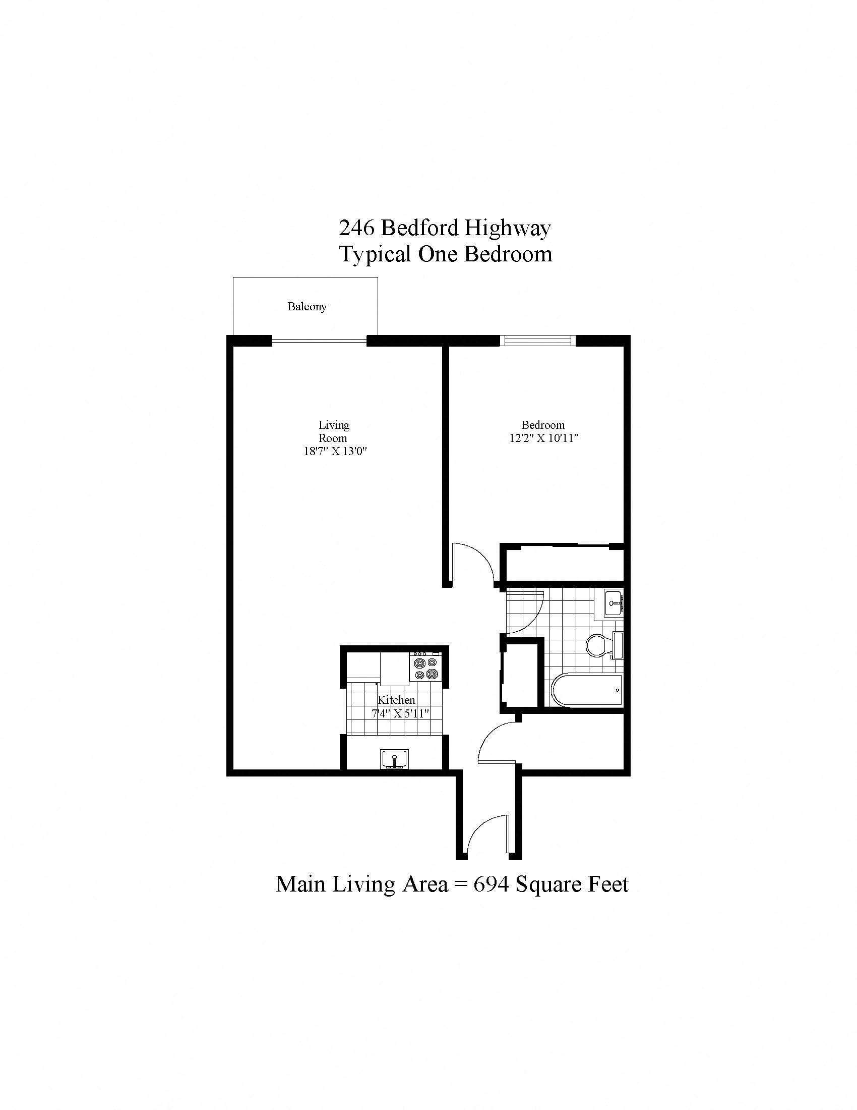Floor plan for 1 bed, 1 bath, 694 sqft